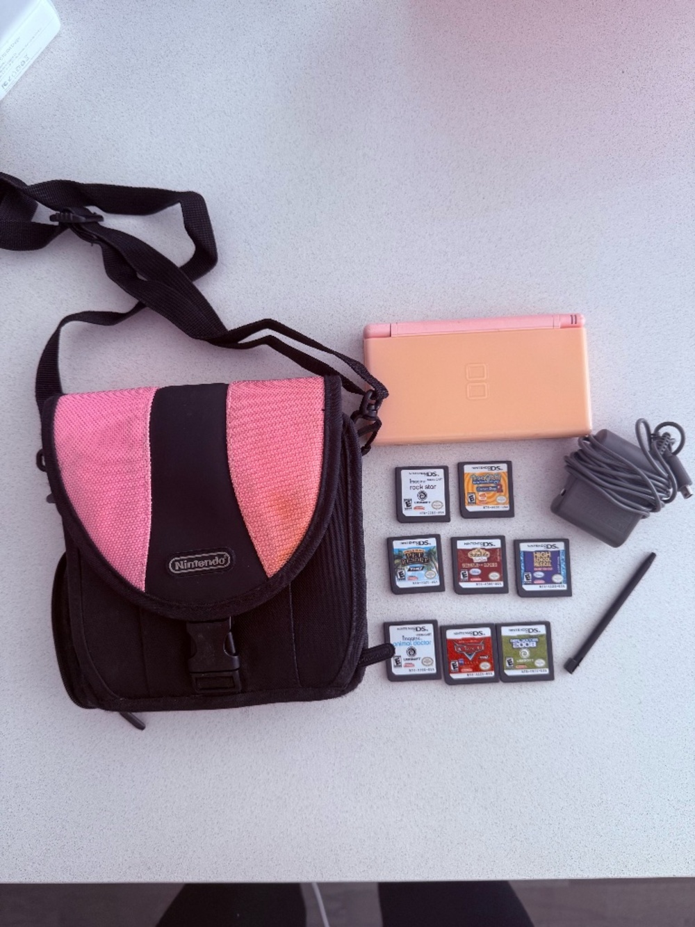 Nintendo DS Lite Pink Bundle w/ 9 Games Charger Carry Case Stylus 100% working